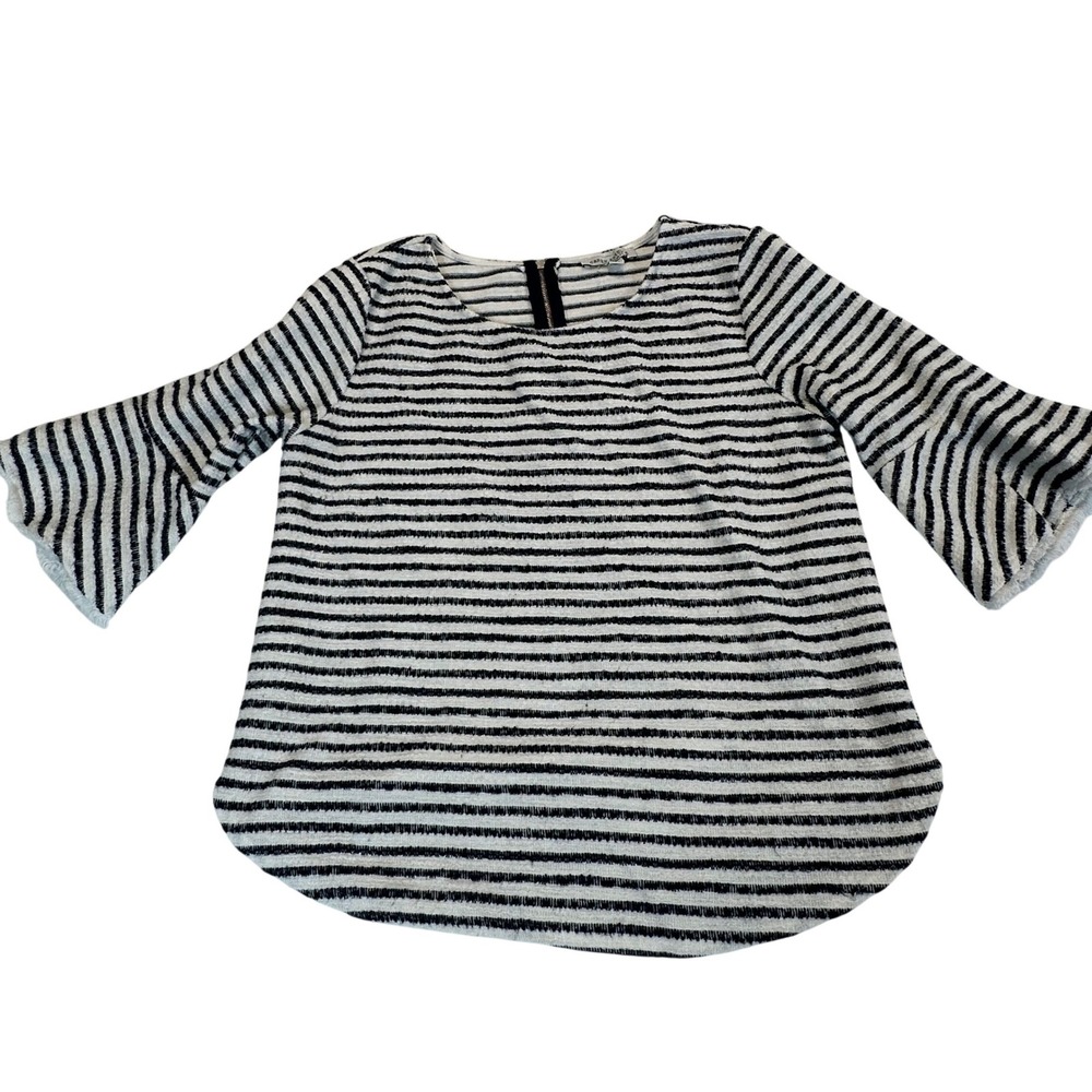 Green Envelope Striped Bell Sleeve Top Black White Textured Knit Women's Med